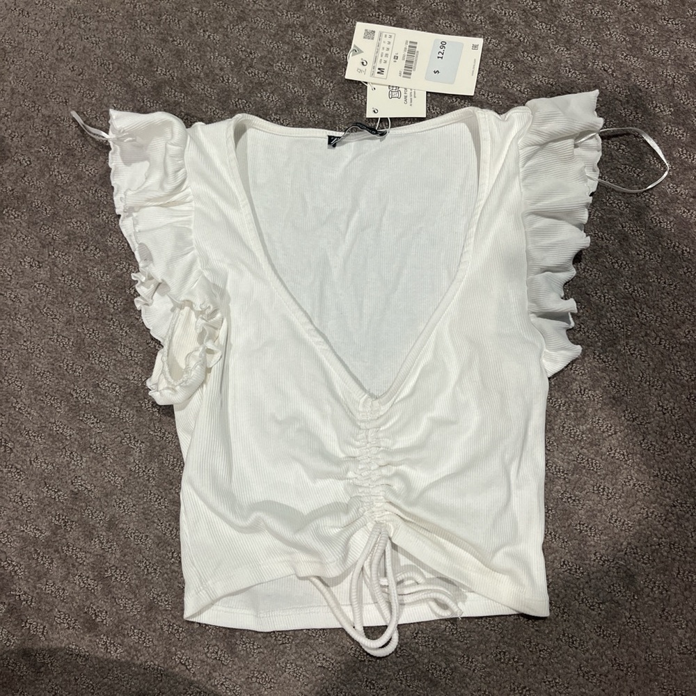 Zara White Ruched Ruffle Blouse